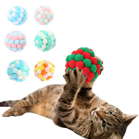 Cat Ball Plush Bell Multicolor Stitching Cat Toys - linilee