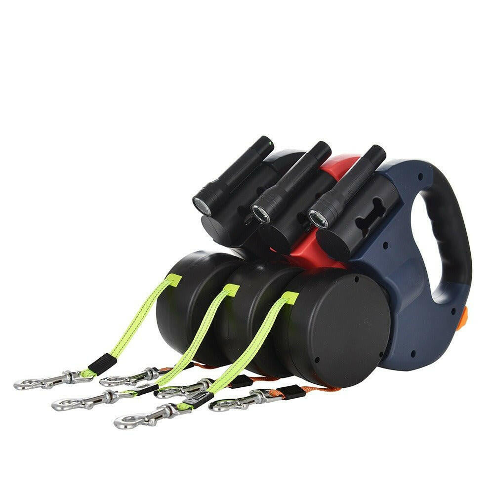 Automatic Retractable Leash With LED Flashlight One Tow Two Double-Headed Dog. - linilee